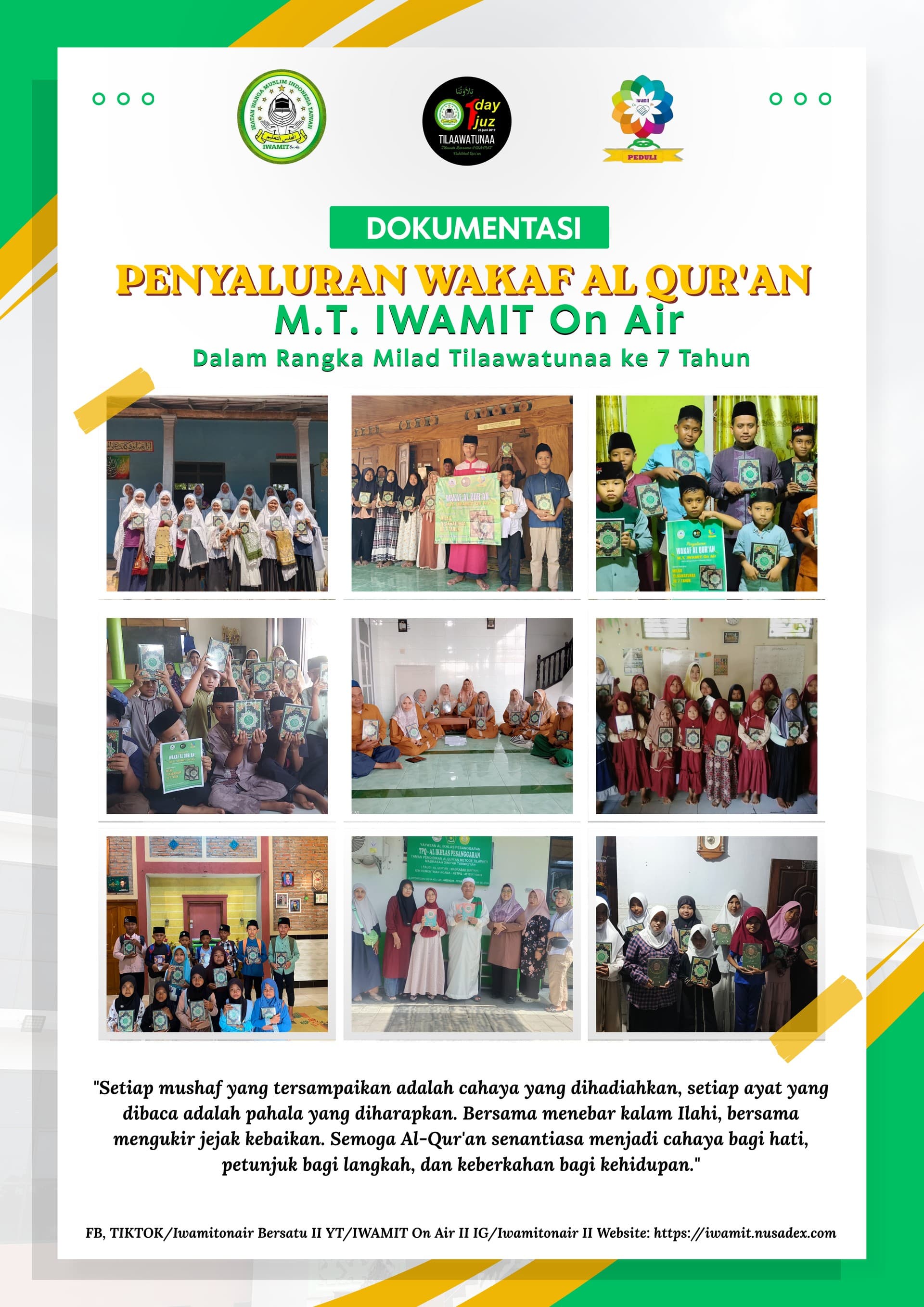 Penyaluran Wakaf Al Qur'an Dalam Rangka Milad Tilaawatunaa Ke 7 Tahun